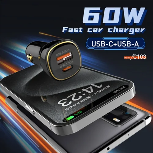 شارژر فندکی LDNIO مدل C103 با دو پورت USB-A و Type-C با توان خروجی 60 وات