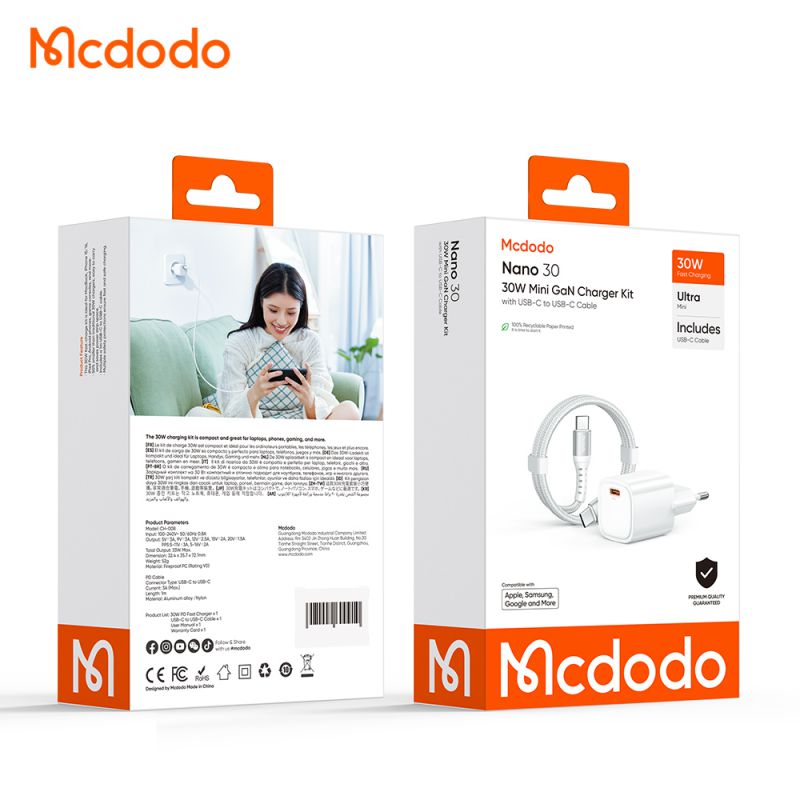 آداپتور مدل CH-008 شارژ سریع Mcdodo Nano 30W Mini GaN با کابل دو سر تایپ C